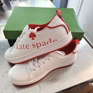 ♠️Kate Spade Nikki Signature Logo Court Leather Sneakers, White/ Current Jam NIB
